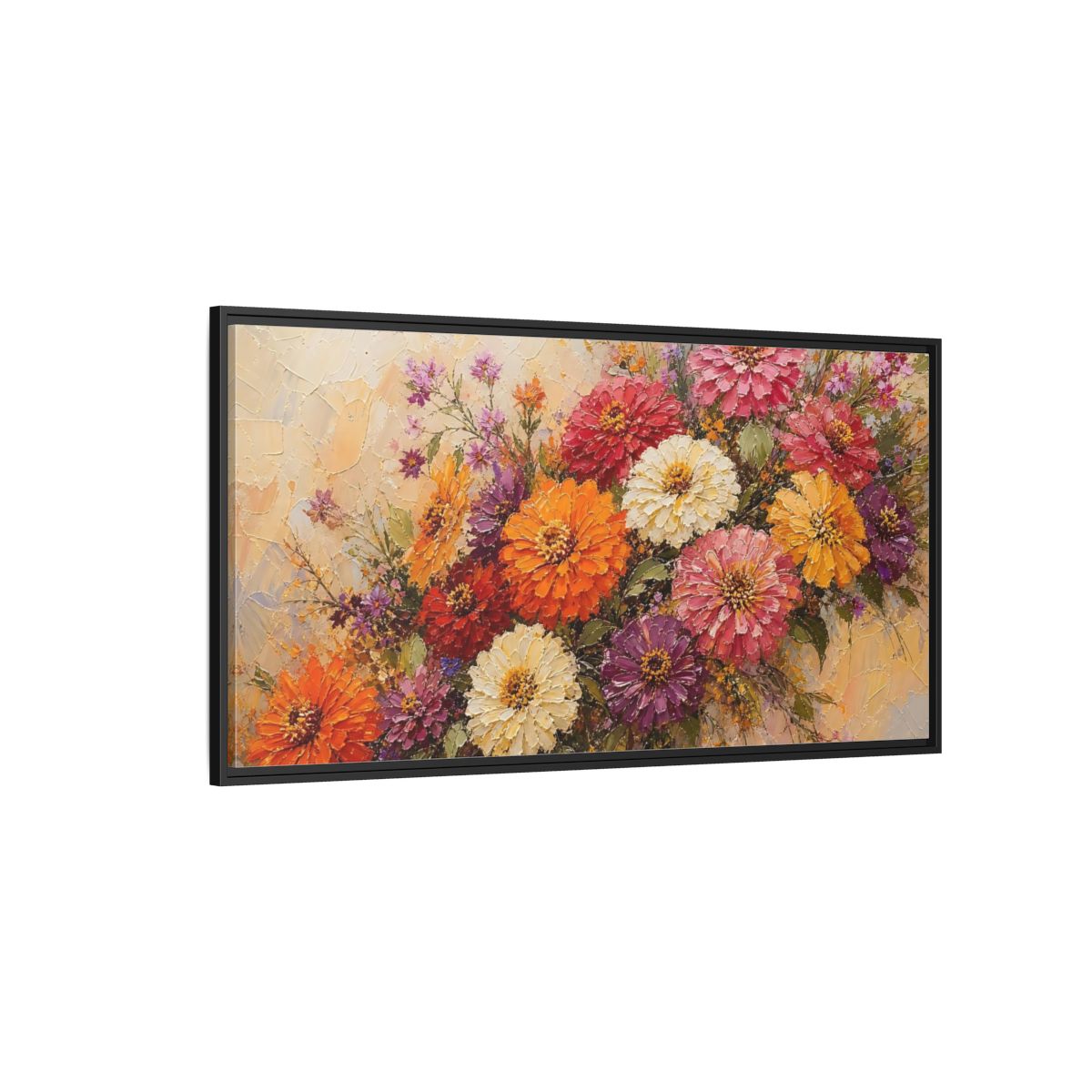 Side Mockup 5. Vibrant Zinnia Bouquet shown as framed canvas print