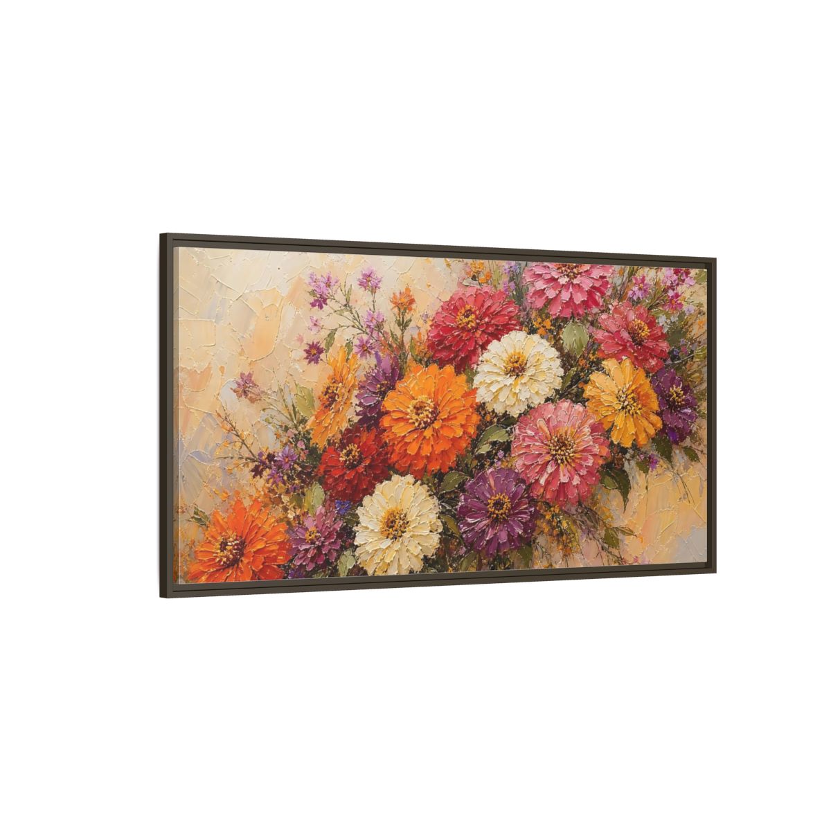 Side Mockup 4. Vibrant Zinnia Bouquet shown as framed canvas print