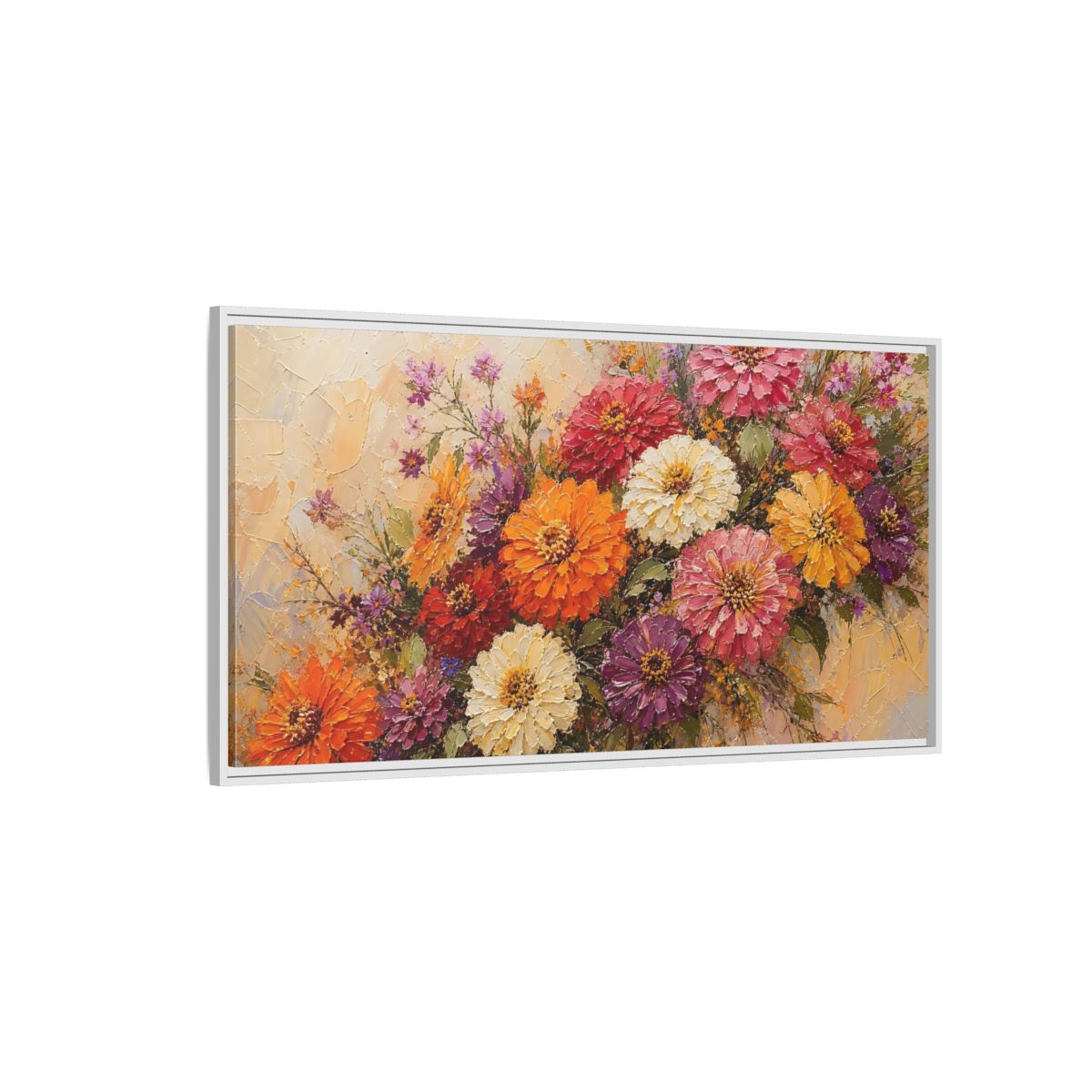 Side Mockup 3. Vibrant Zinnia Bouquet shown as framed canvas print