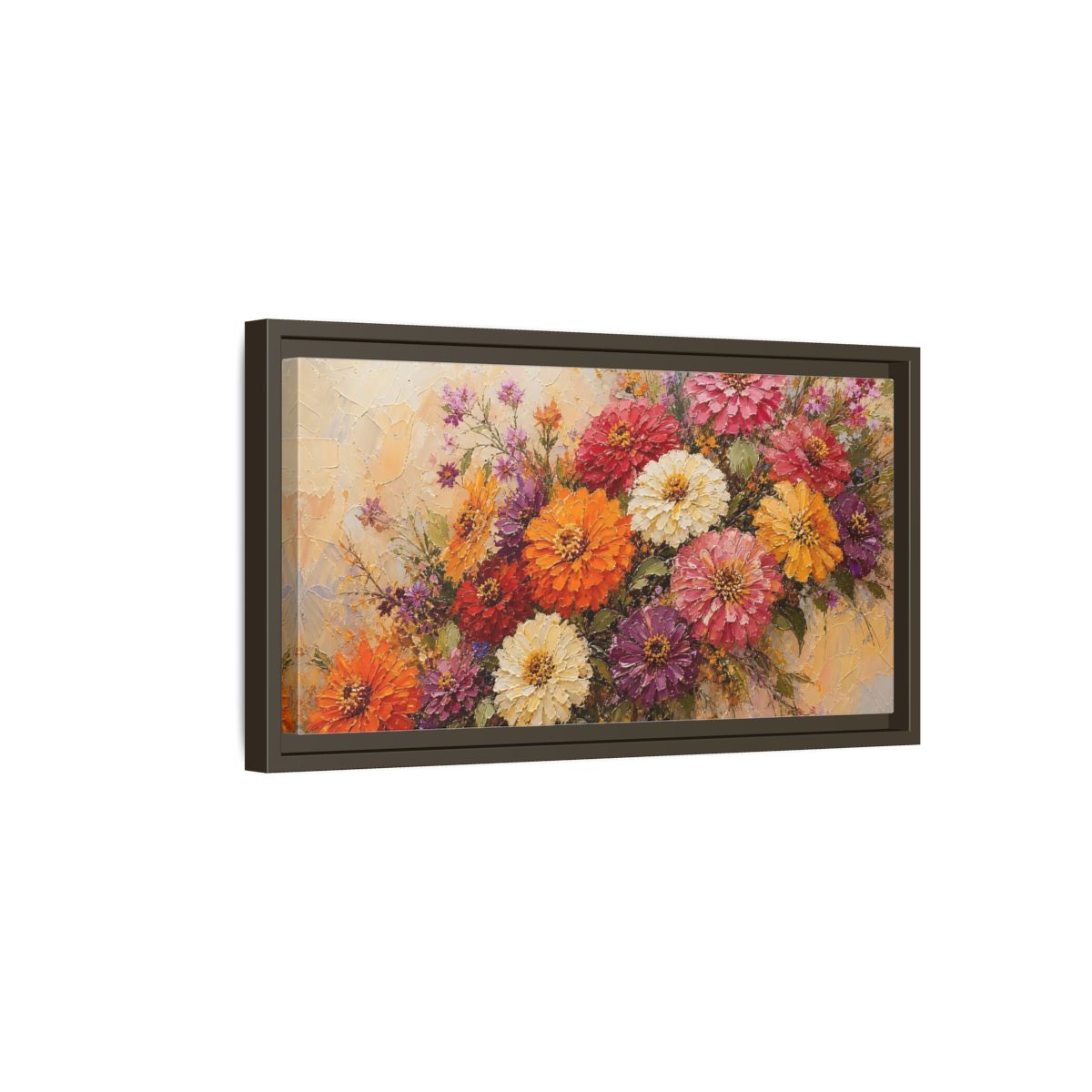 Side Mockup 7. Vibrant Zinnia Bouquet shown as framed canvas print