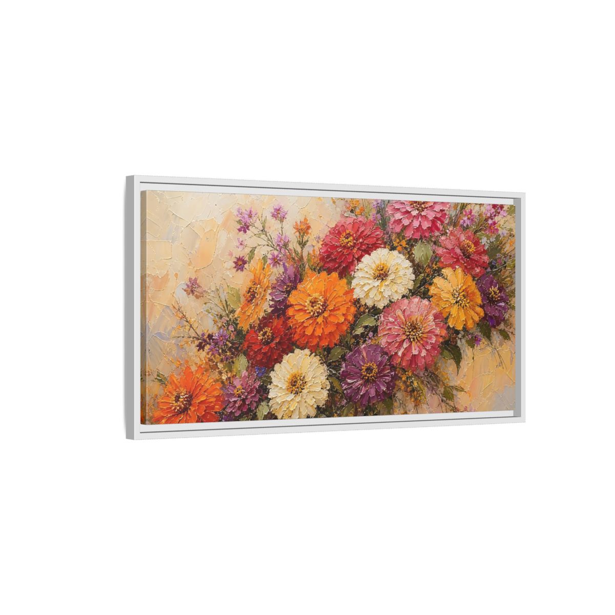 Side Mockup 1. Vibrant Zinnia Bouquet shown as framed canvas print