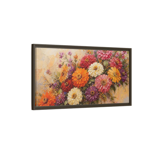 Main Mockup. Vibrant Zinnia Bouquet shown as framed canvas print