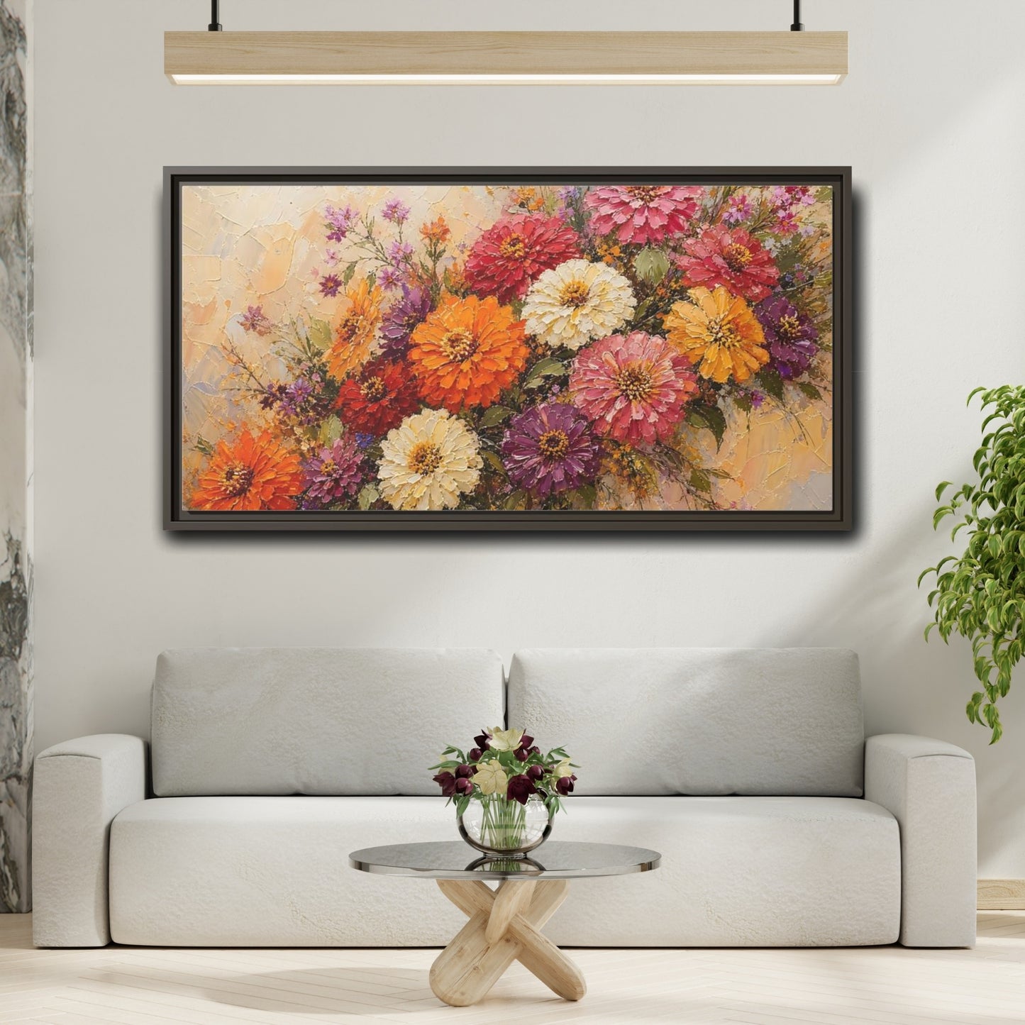Mockup 2. Vibrant Zinnia Bouquet shown as framed canvas print