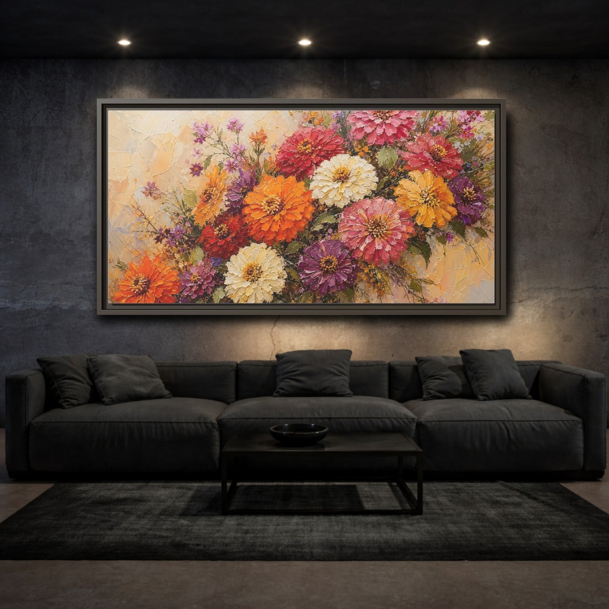 Mockup 3. Vibrant Zinnia Bouquet shown as framed canvas print