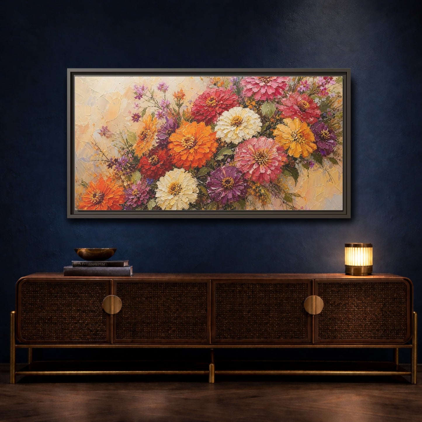 Mockup 4. Vibrant Zinnia Bouquet shown as framed canvas print