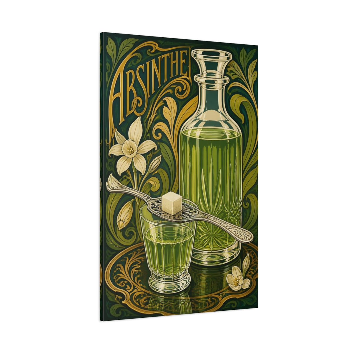 Side Mockup 1. Vintage Absinthe Bottle Green And Gold shown as stretched canvas wall art
