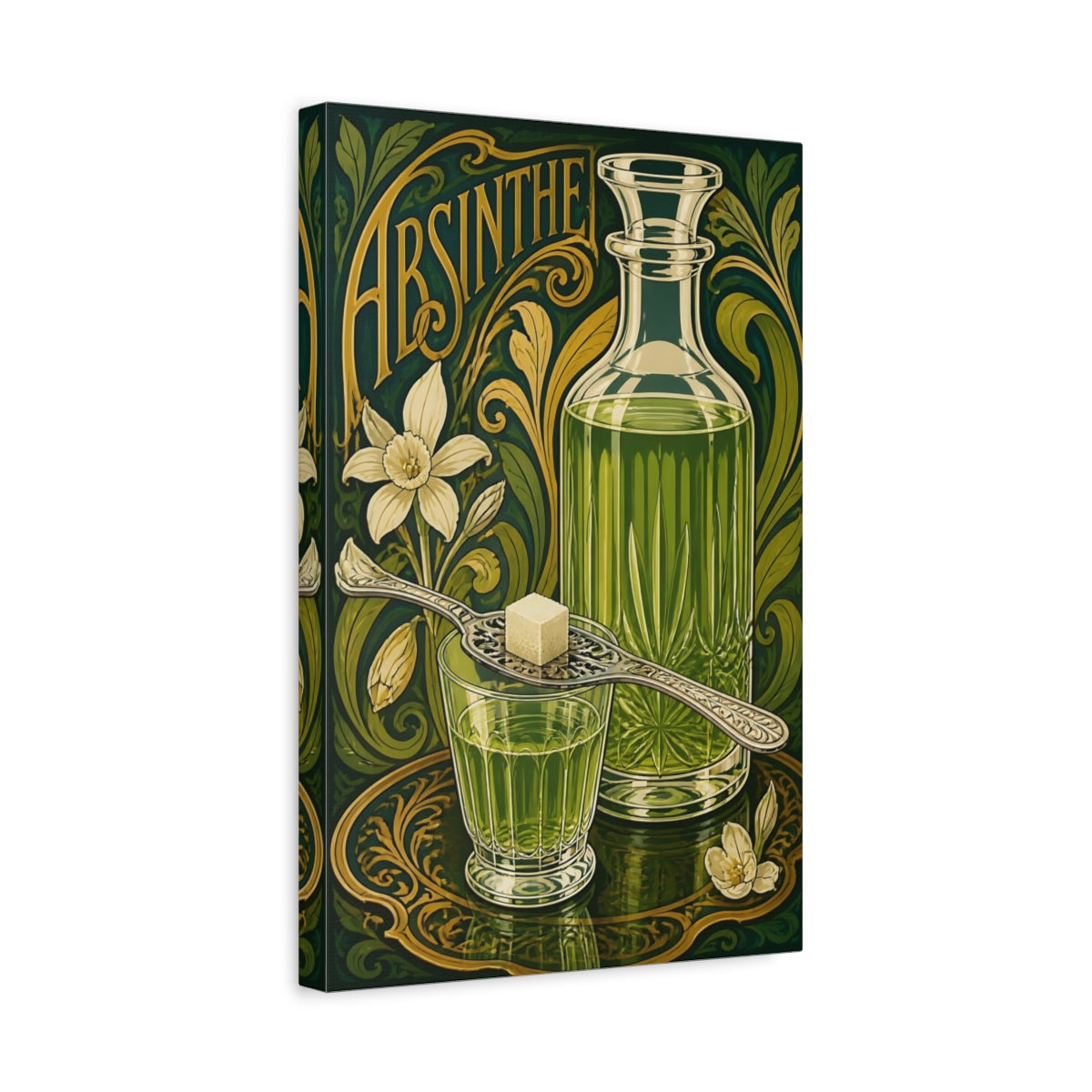 Side Mockup 4. Vintage Absinthe Bottle Green And Gold shown as stretched canvas wall art