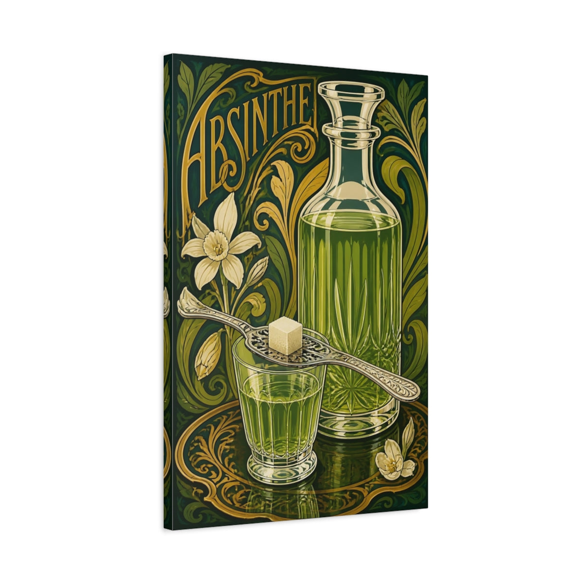 Side Mockup 2. Vintage Absinthe Bottle Green And Gold shown as stretched canvas wall art