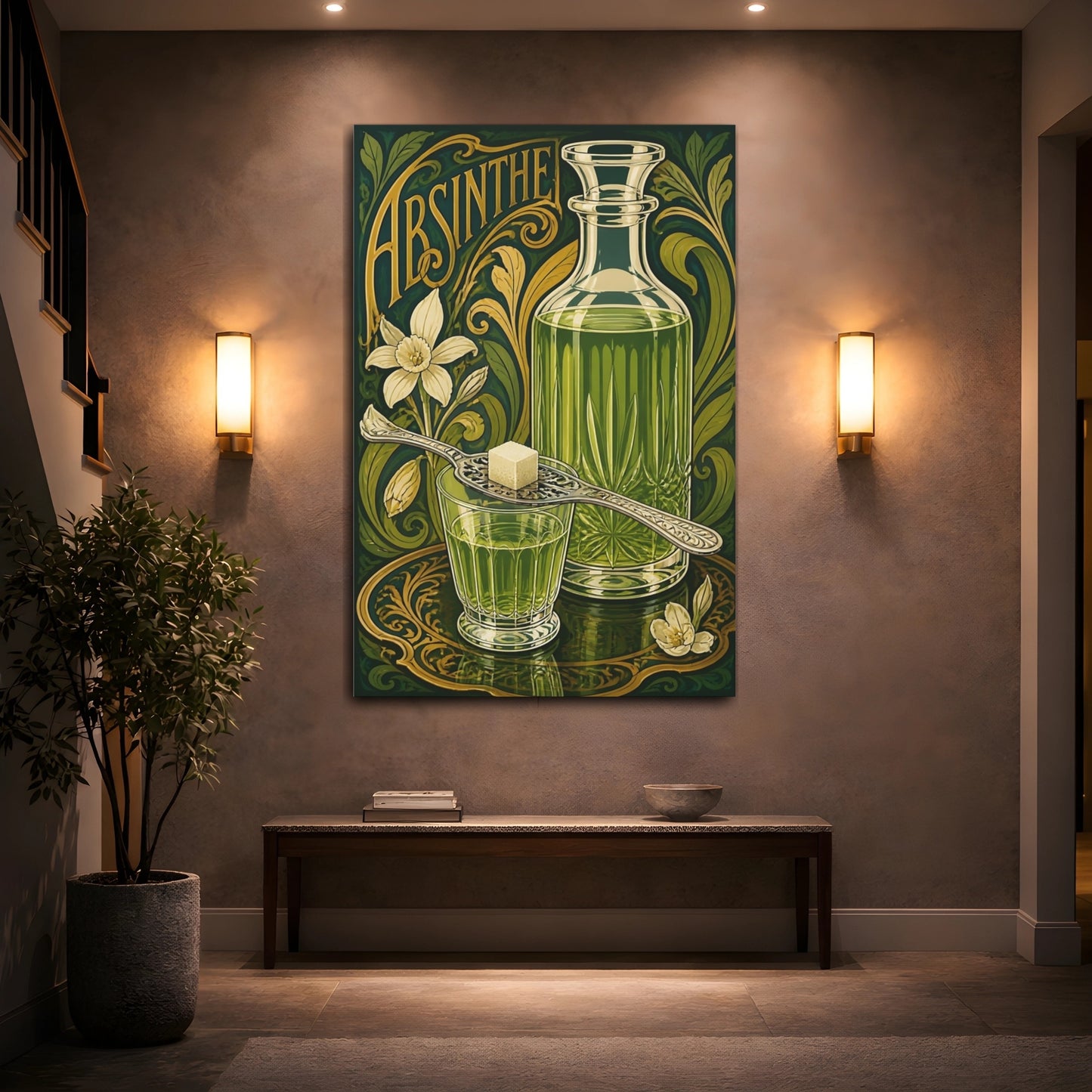 Mockup 2. Vintage Absinthe Bottle Green And Gold shown as stretched canvas wall art