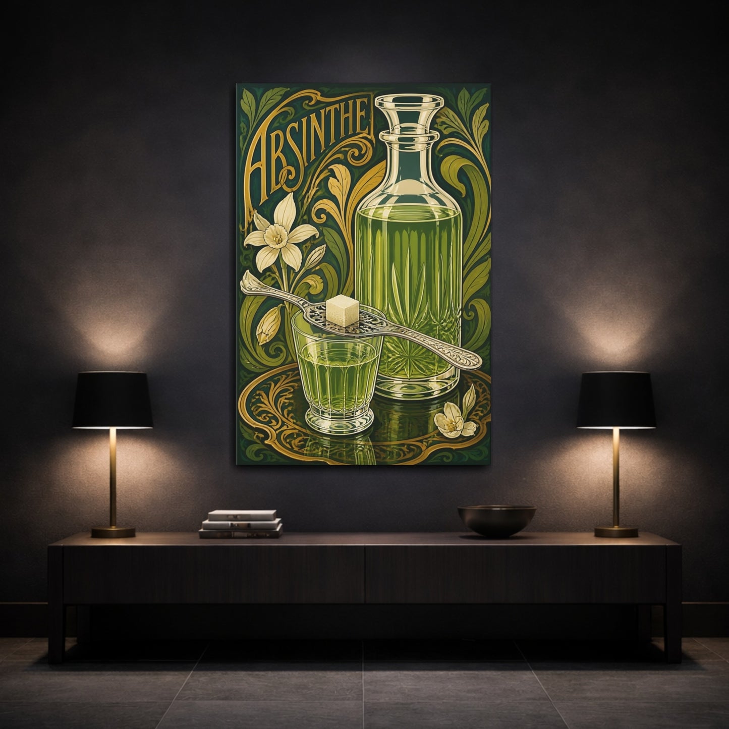 Mockup 3. Vintage Absinthe Bottle Green And Gold shown as stretched canvas wall art
