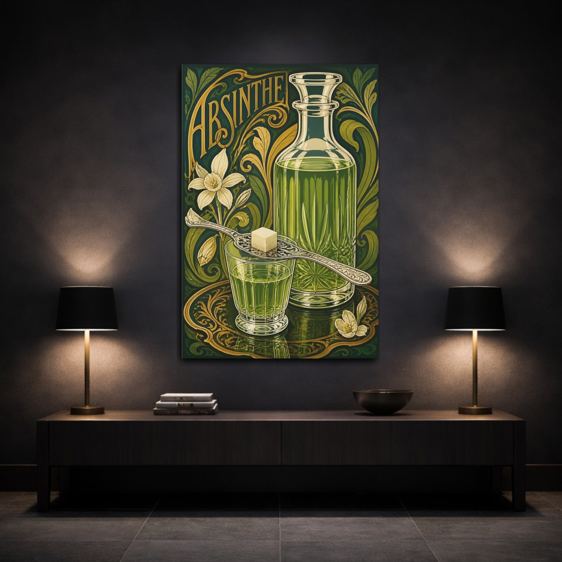 Mockup 3. Vintage Absinthe Bottle Green And Gold shown as stretched canvas wall art