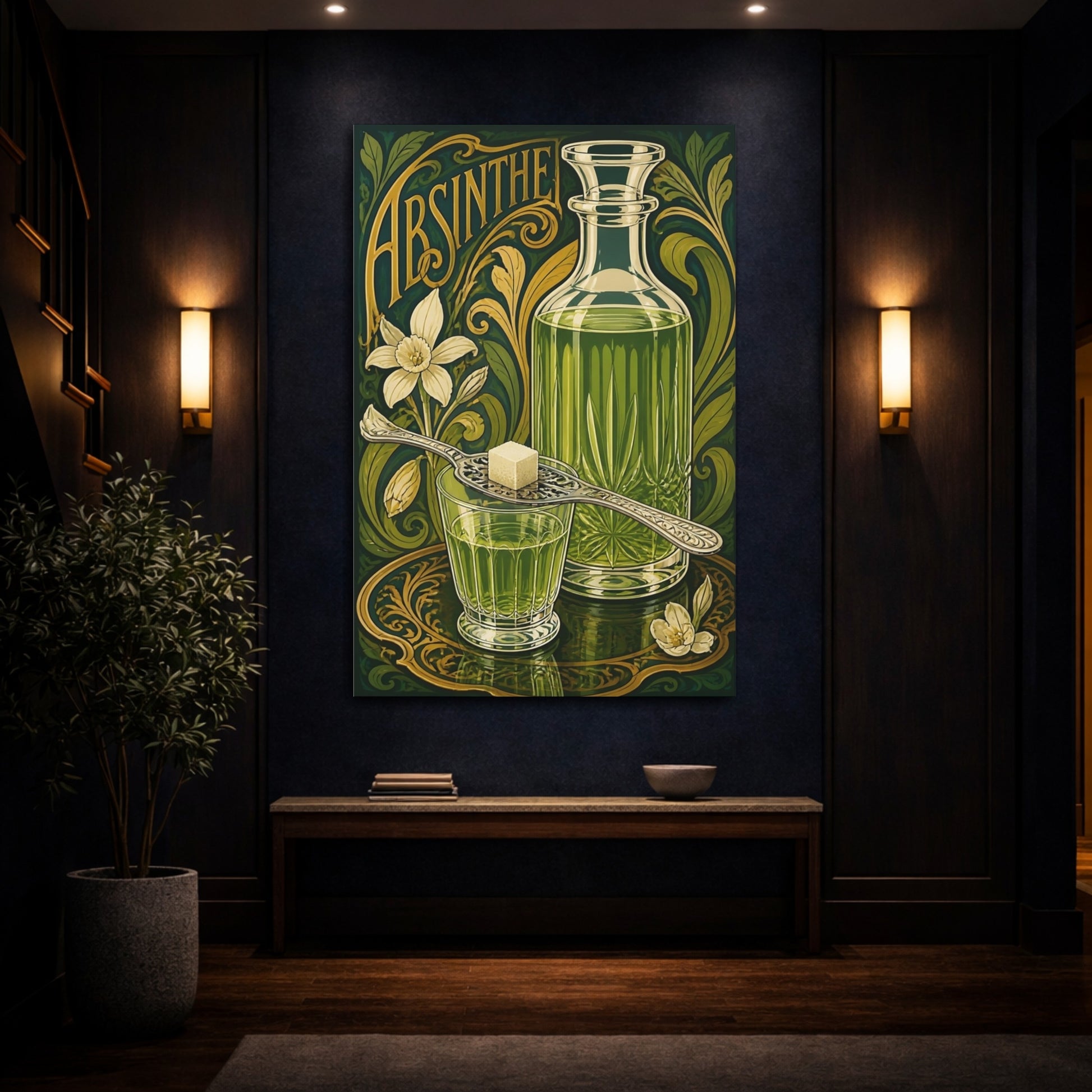 Mockup 4. Vintage Absinthe Bottle Green And Gold shown as stretched canvas wall art