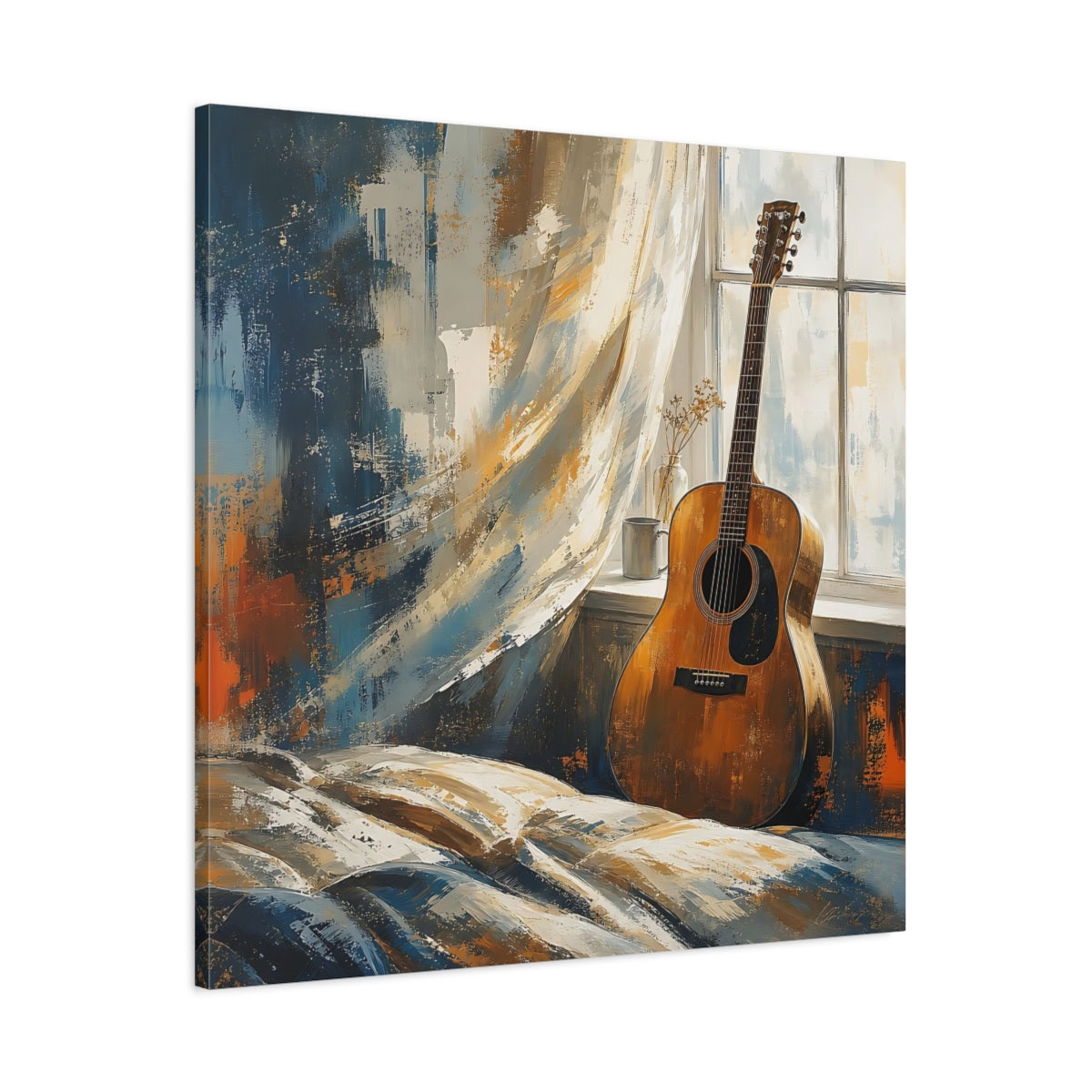 Main Mockup. Vintage Acoustic Guitar Brown And Blue shown as canvas print
