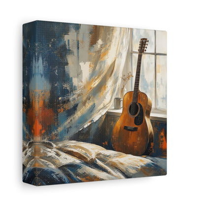 Side Mockup 2. Vintage Acoustic Guitar Brown And Blue shown as canvas print