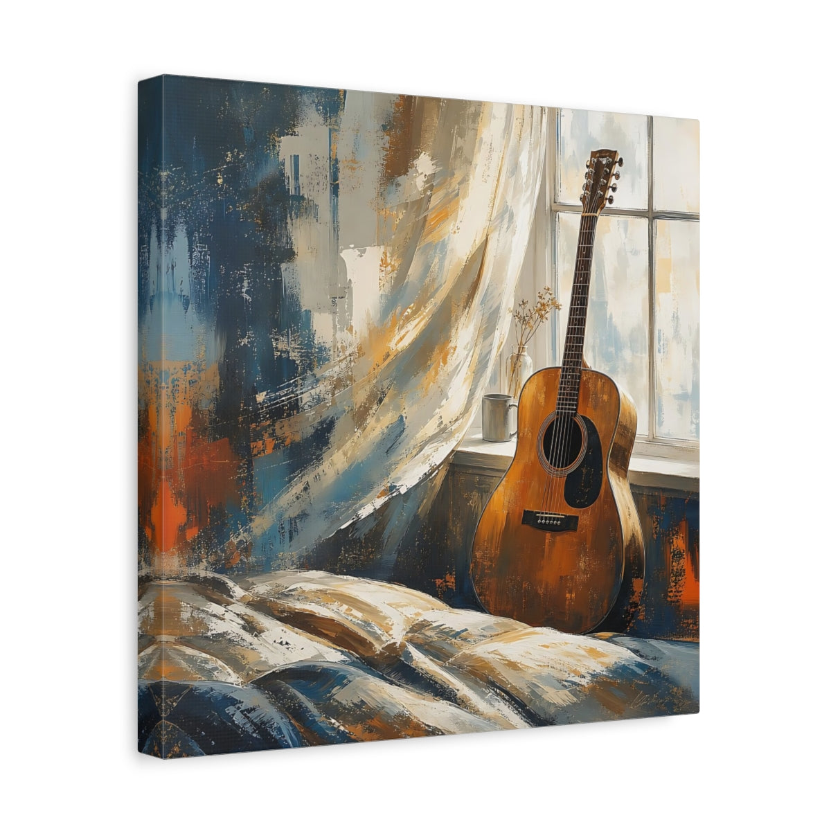 Side Mockup 7. Vintage Acoustic Guitar Brown And Blue shown as canvas print