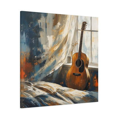 Side Mockup 1. Vintage Acoustic Guitar Brown And Blue shown as canvas print