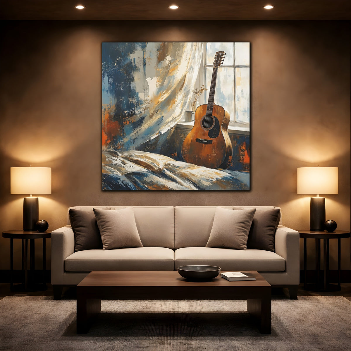 Mockup 2. Vintage Acoustic Guitar Brown And Blue shown as canvas print
