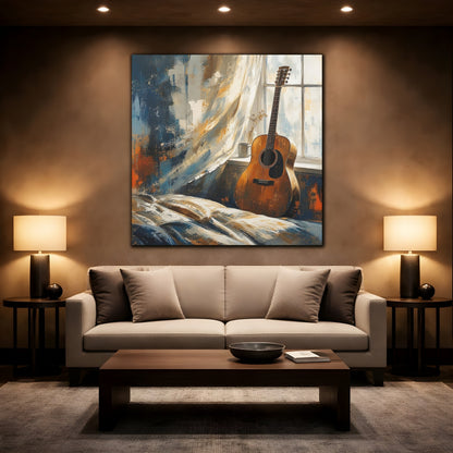 Mockup 2. Vintage Acoustic Guitar Brown And Blue shown as canvas print