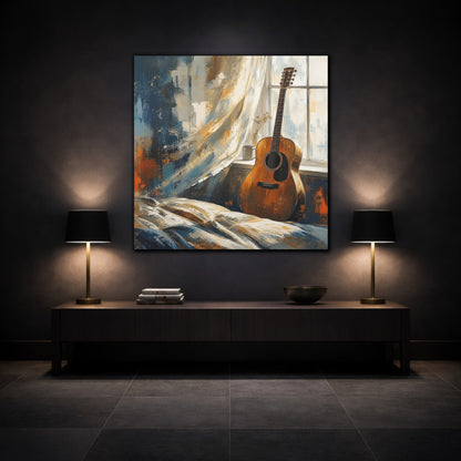 Mockup 3. Vintage Acoustic Guitar Brown And Blue shown as canvas print