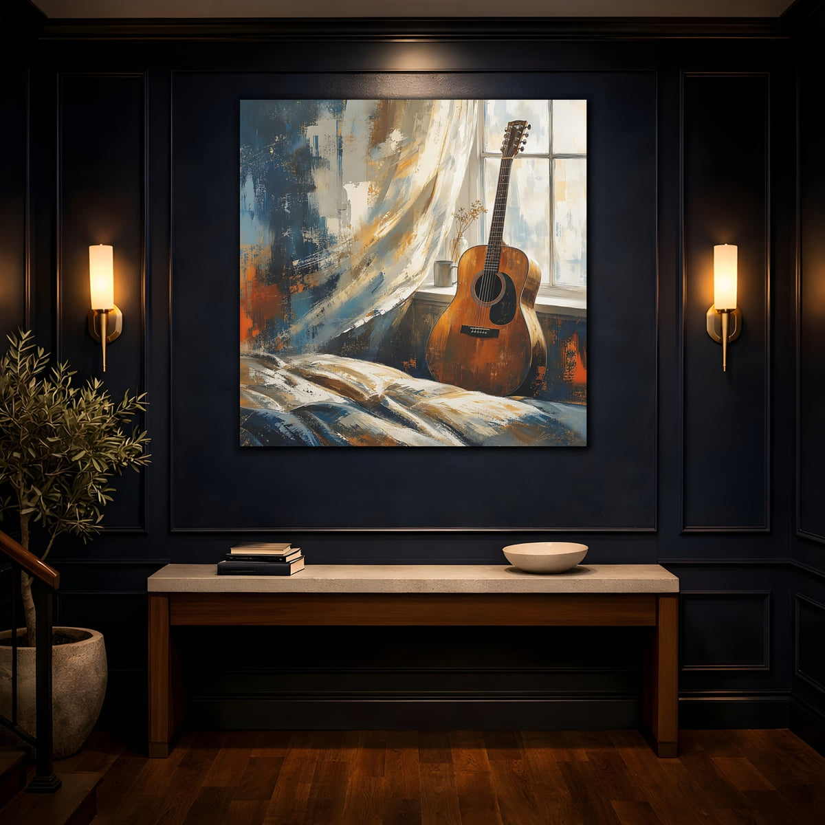 Mockup 4. Vintage Acoustic Guitar Brown And Blue shown as canvas print
