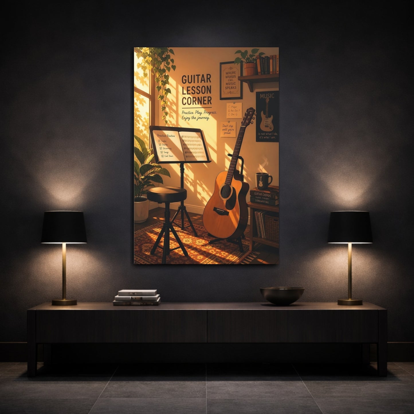 Mockup 3. Vintage Acoustic Guitar Cozy Guitar shown as canvas print