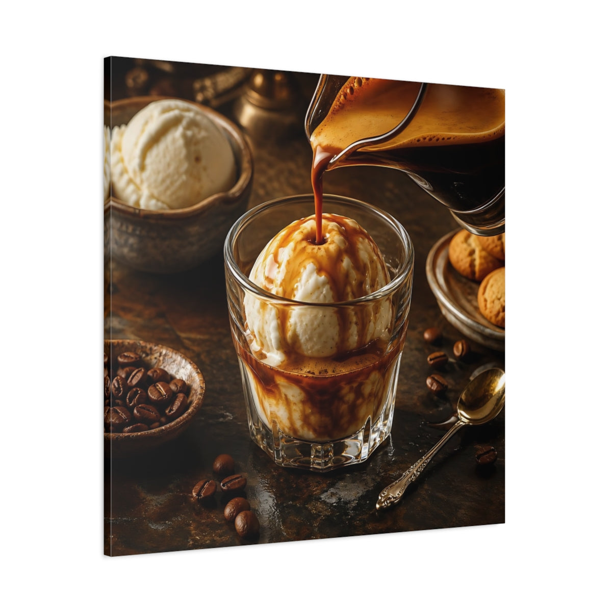 Side Mockup 1. Vintage Affogato Coffee Dessert shown as stretched canvas wall art