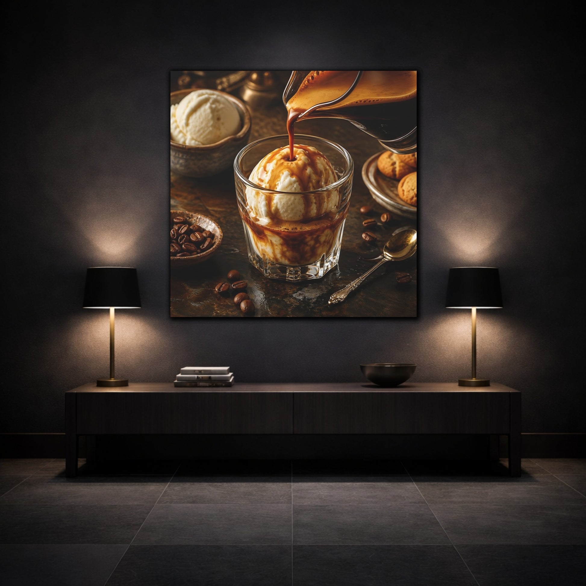Mockup 3. Vintage Affogato Coffee Dessert shown as stretched canvas wall art