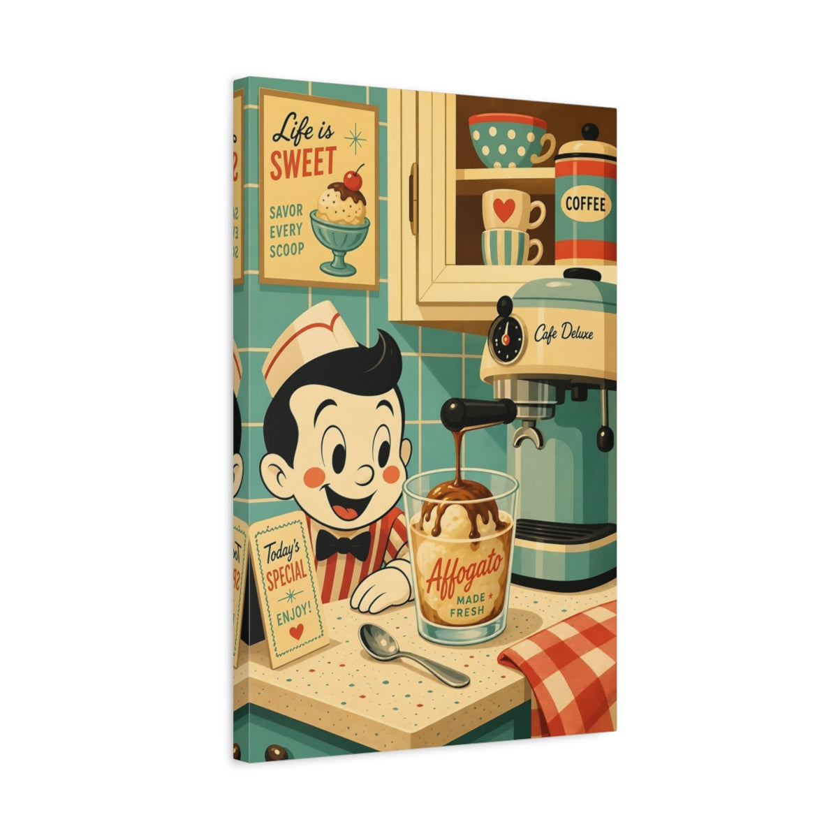 Side Mockup 3. Vintage Affogato Scene Retro Cafe Scene shown as stretched canvas wall art