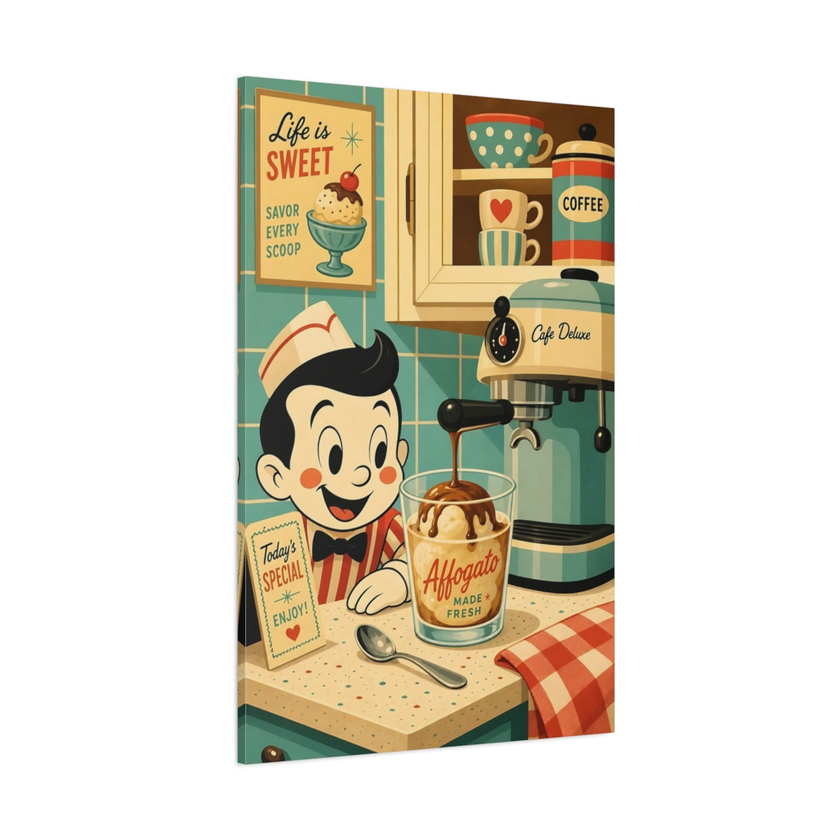 Side Mockup 1. Vintage Affogato Scene Retro Cafe Scene shown as stretched canvas wall art