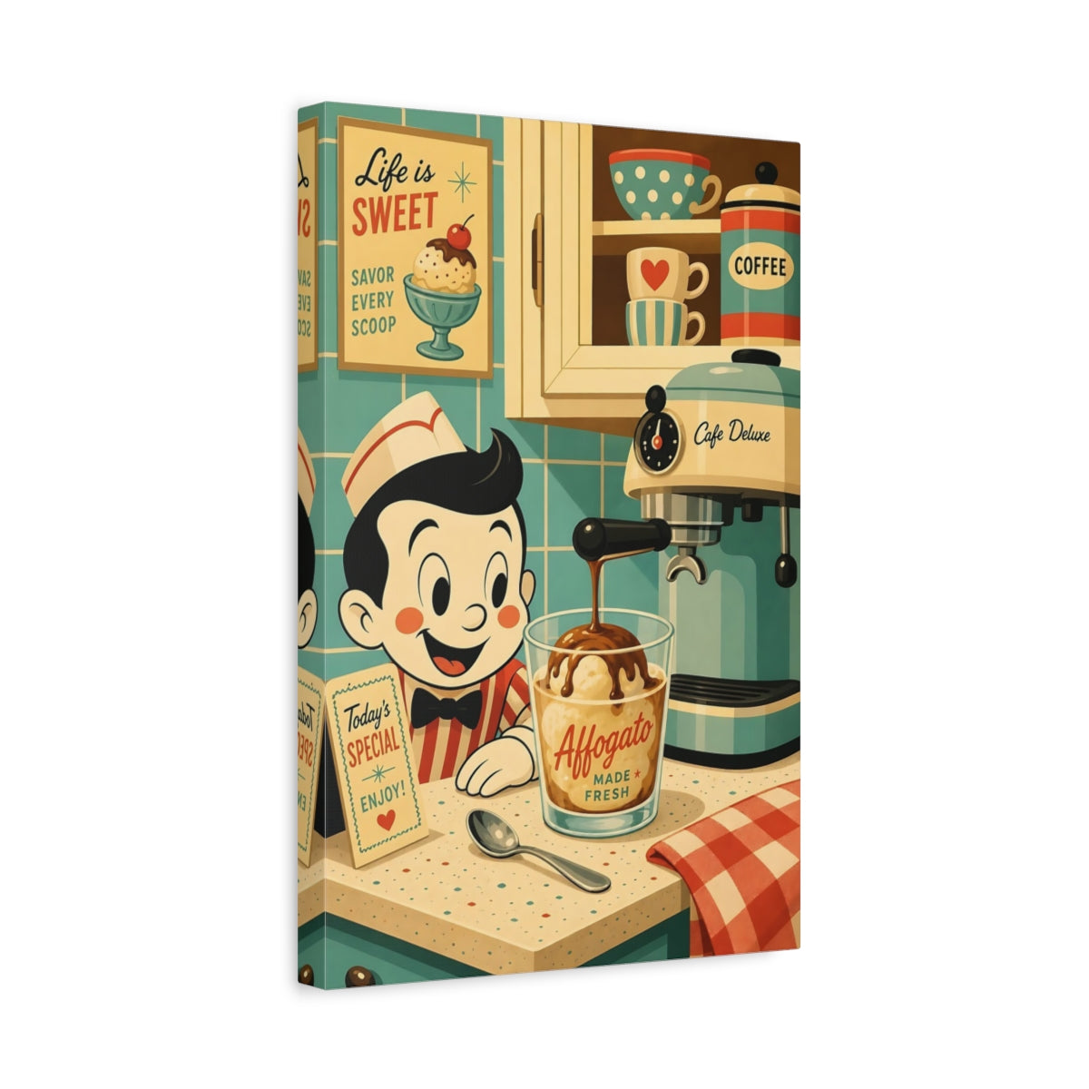 Side Mockup 4. Vintage Affogato Scene Retro Cafe Scene shown as stretched canvas wall art