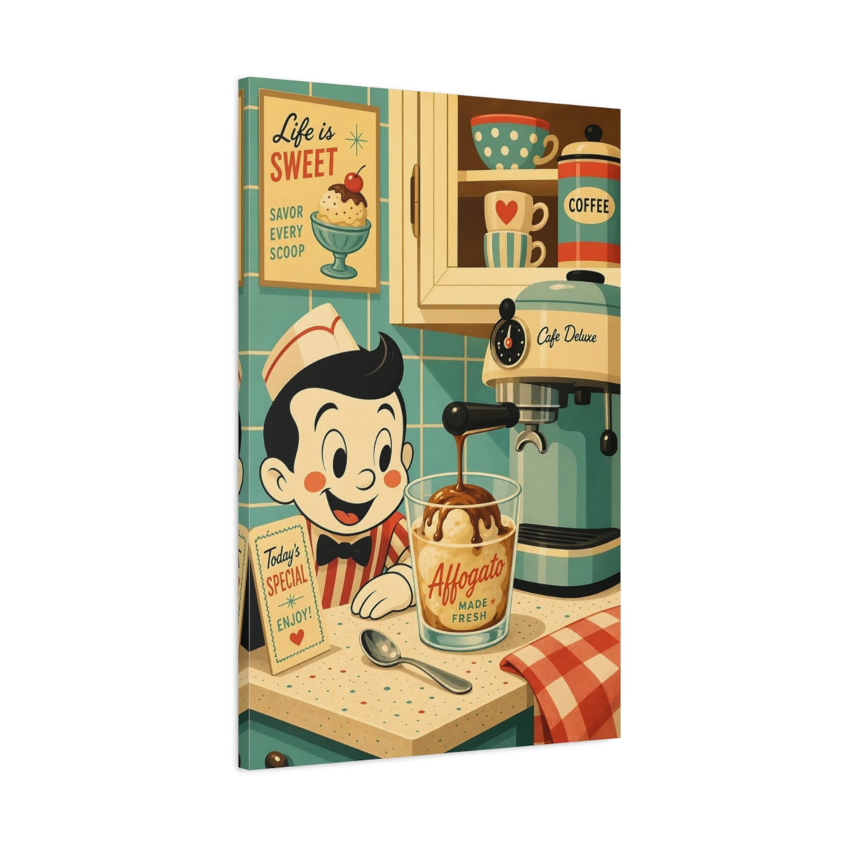 Main Mockup. Vintage Affogato Scene Retro Cafe Scene shown as stretched canvas wall art