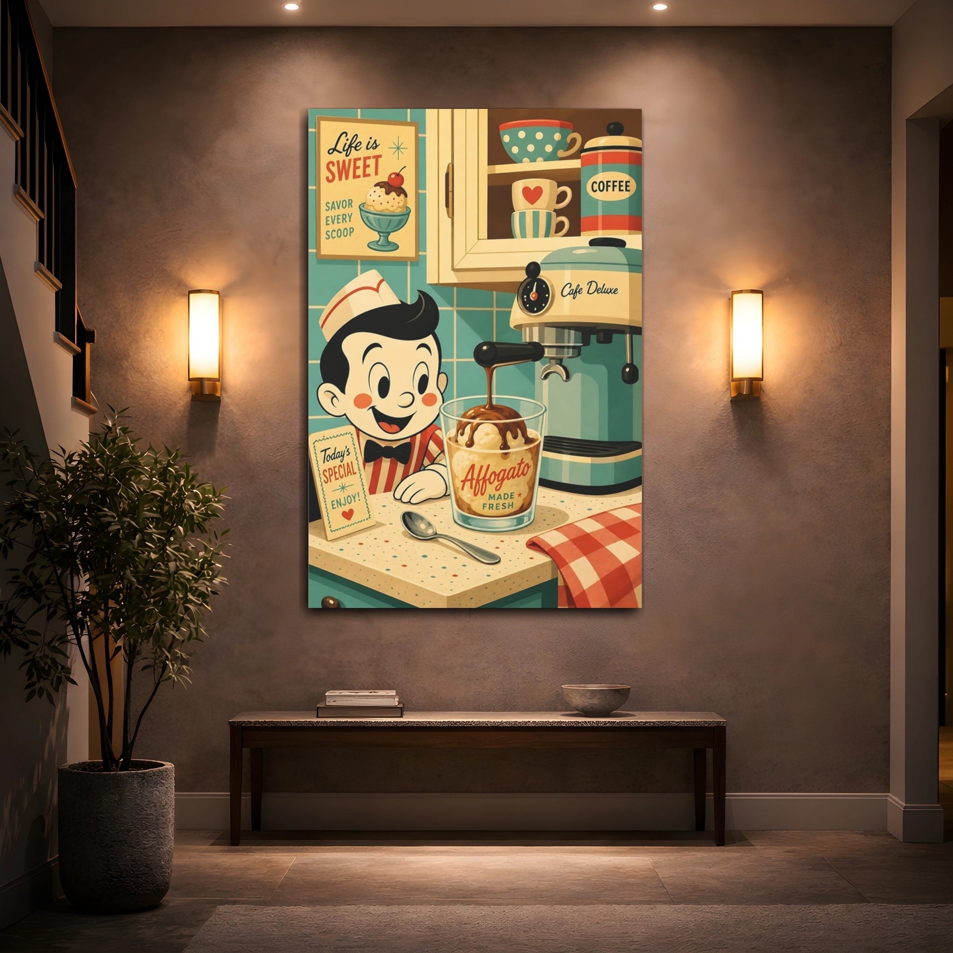 Mockup 2. Vintage Affogato Scene Retro Cafe Scene shown as stretched canvas wall art