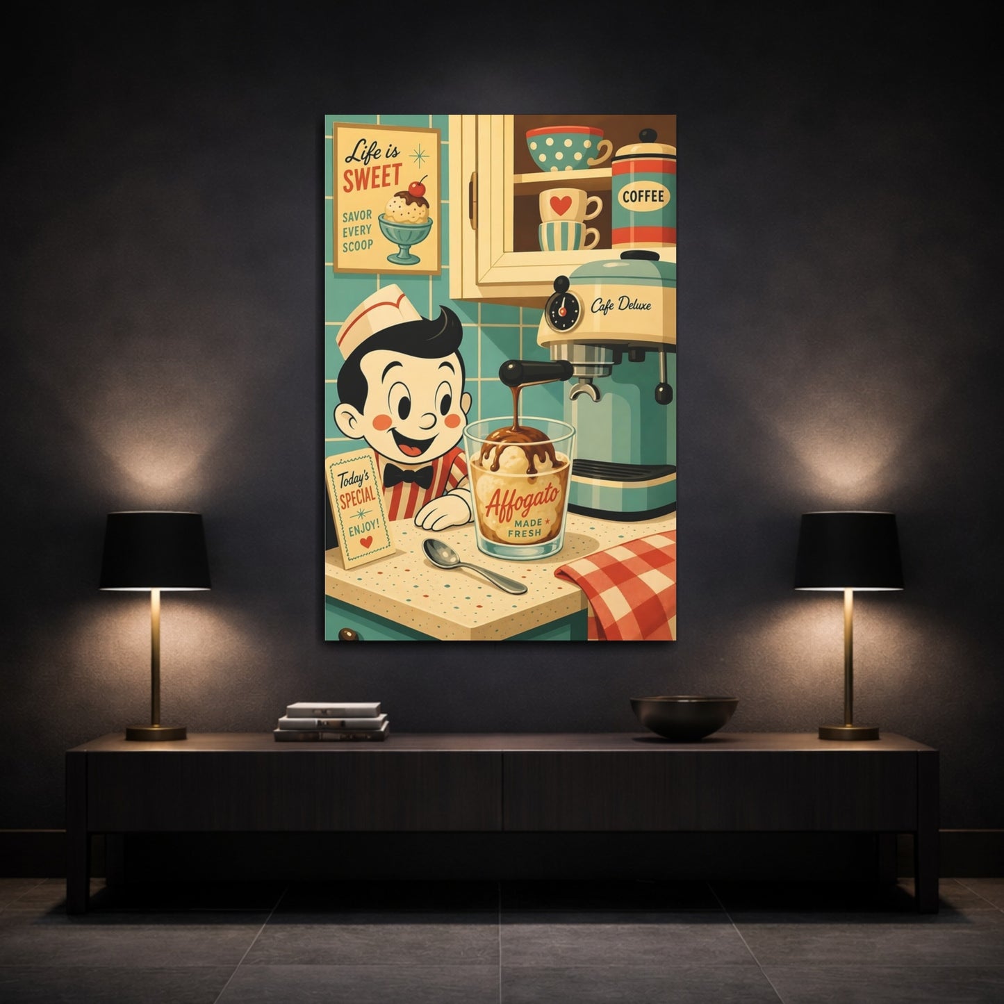Mockup 3. Vintage Affogato Scene Retro Cafe Scene shown as stretched canvas wall art