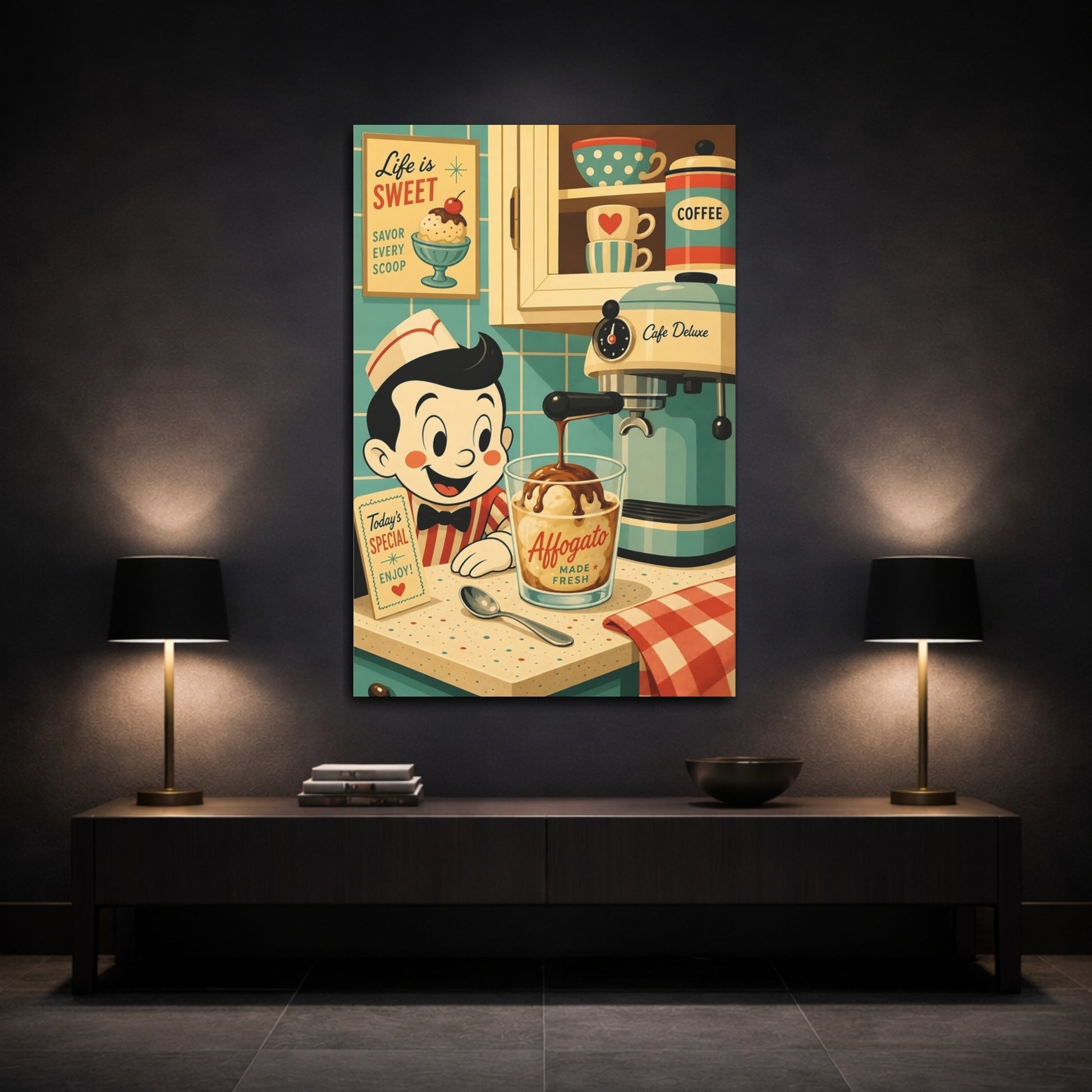 Mockup 3. Vintage Affogato Scene Retro Cafe Scene shown as stretched canvas wall art