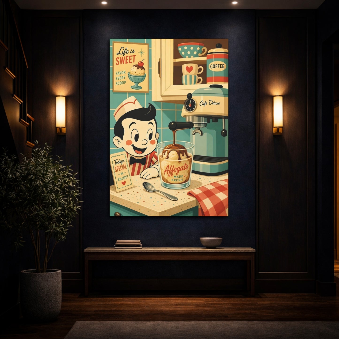 Mockup 4. Vintage Affogato Scene Retro Cafe Scene shown as stretched canvas wall art
