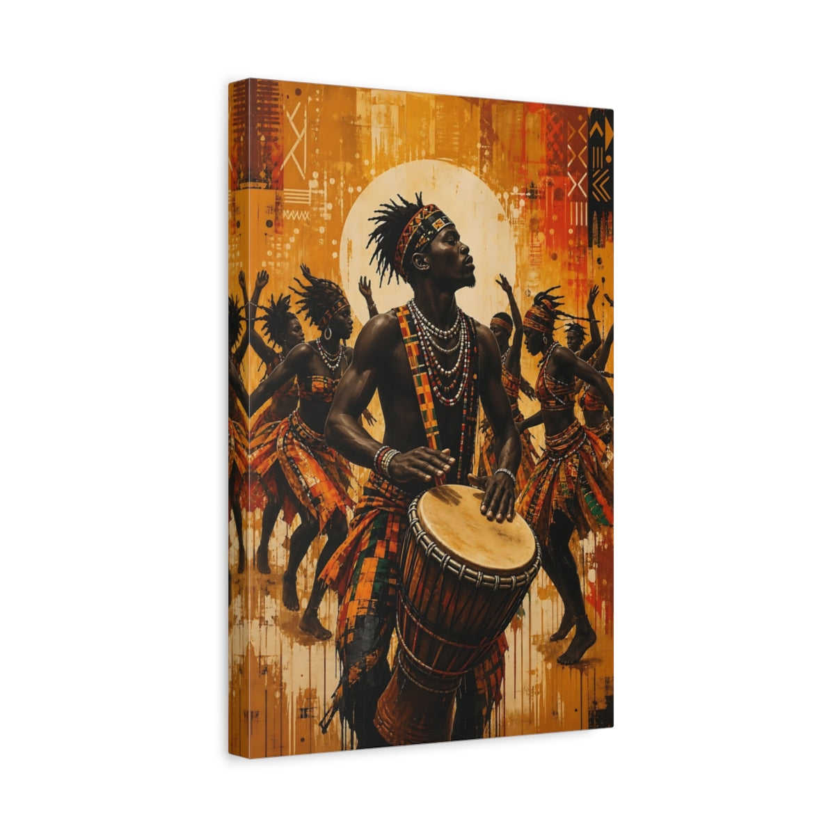 Side Mockup 4. Vintage African Drummer Yellow And Orange shown as canvas print