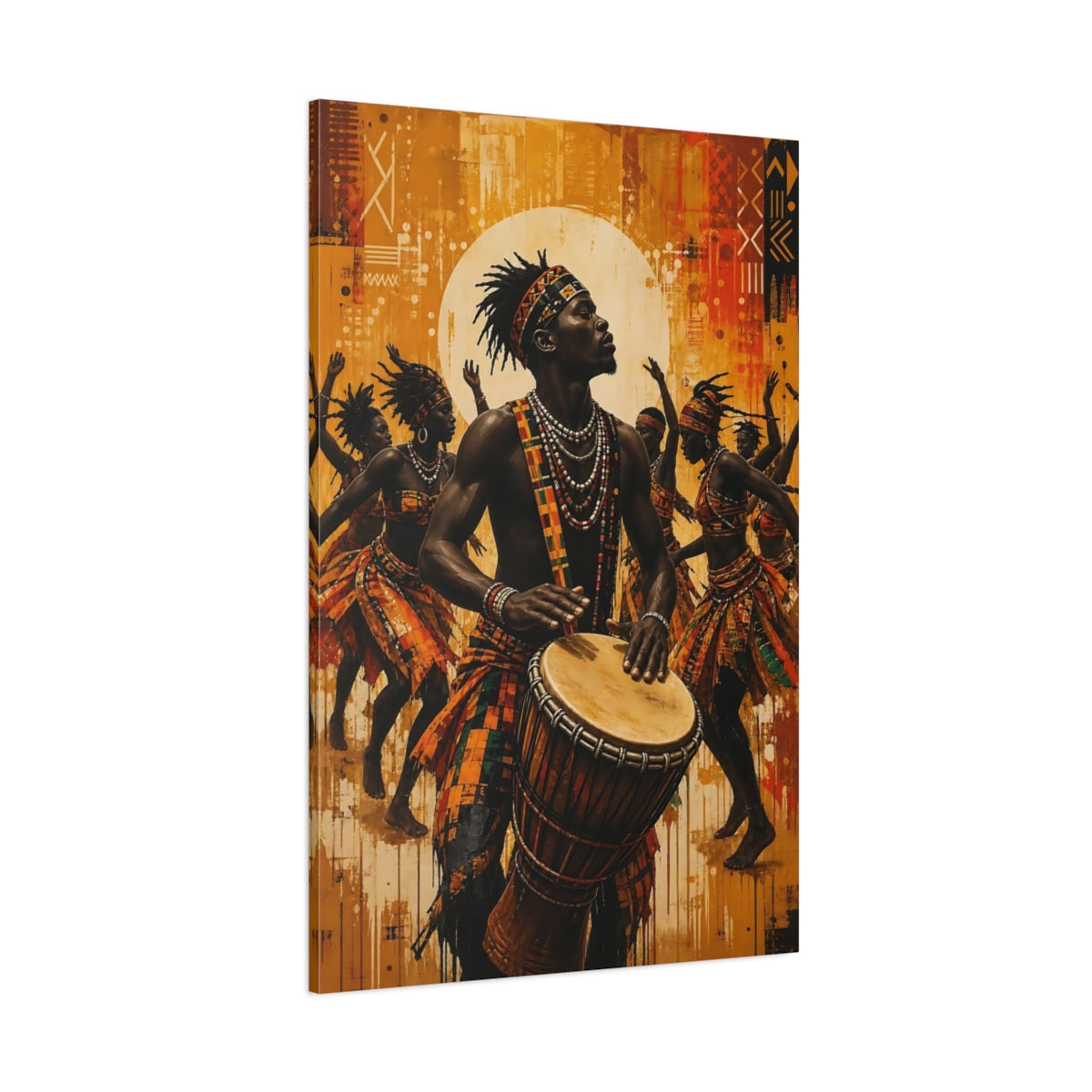 Side Mockup 1. Vintage African Drummer Yellow And Orange shown as canvas print