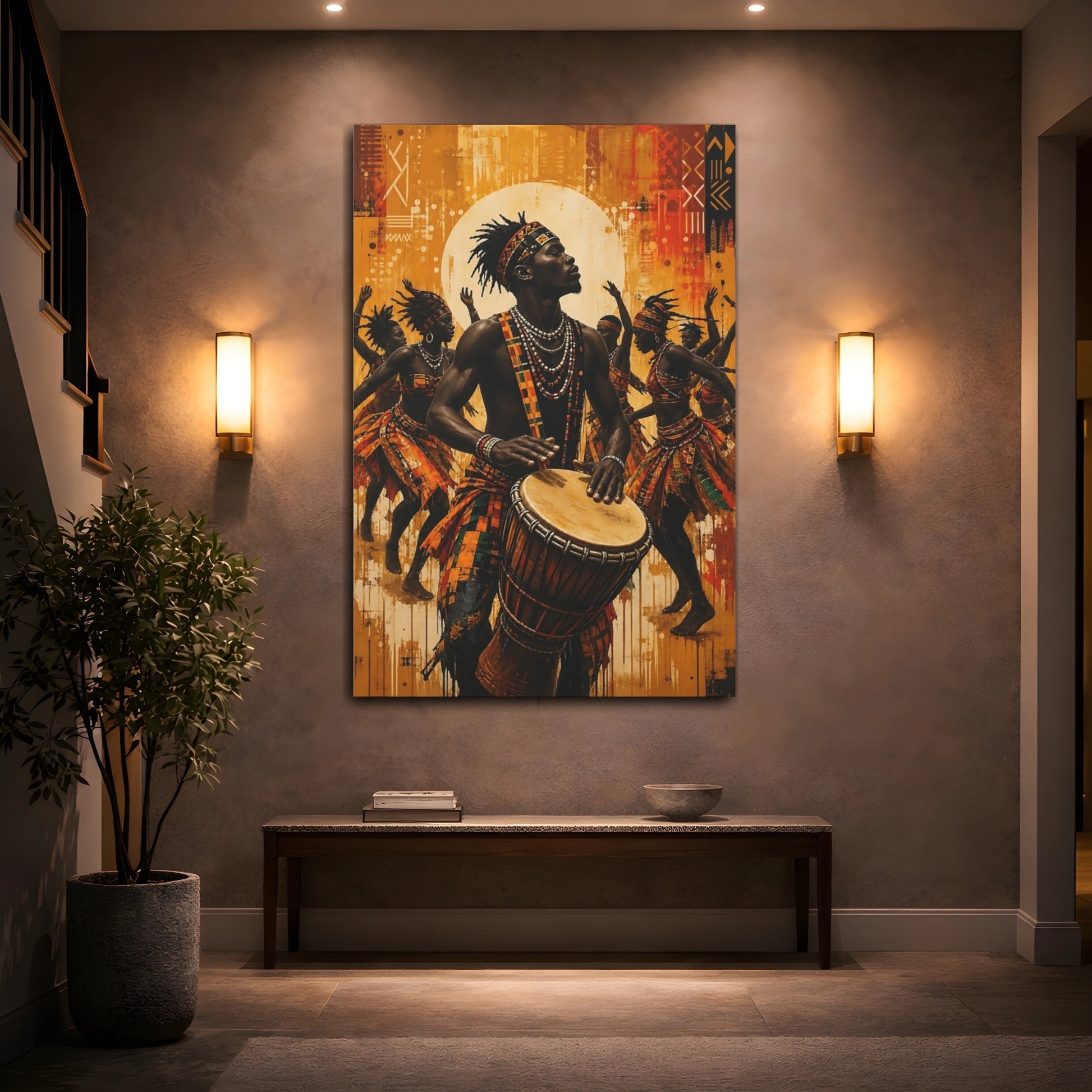 Mockup 2. Vintage African Drummer Yellow And Orange shown as canvas print
