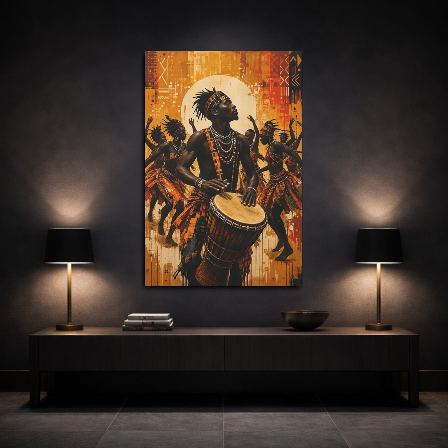 Mockup 3. Vintage African Drummer Yellow And Orange shown as canvas print