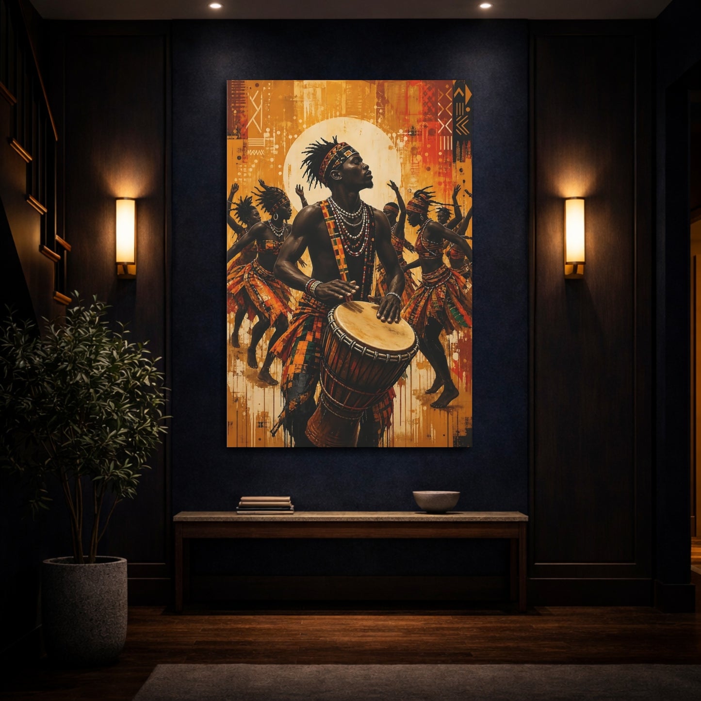 Mockup 4. Vintage African Drummer Yellow And Orange shown as canvas print