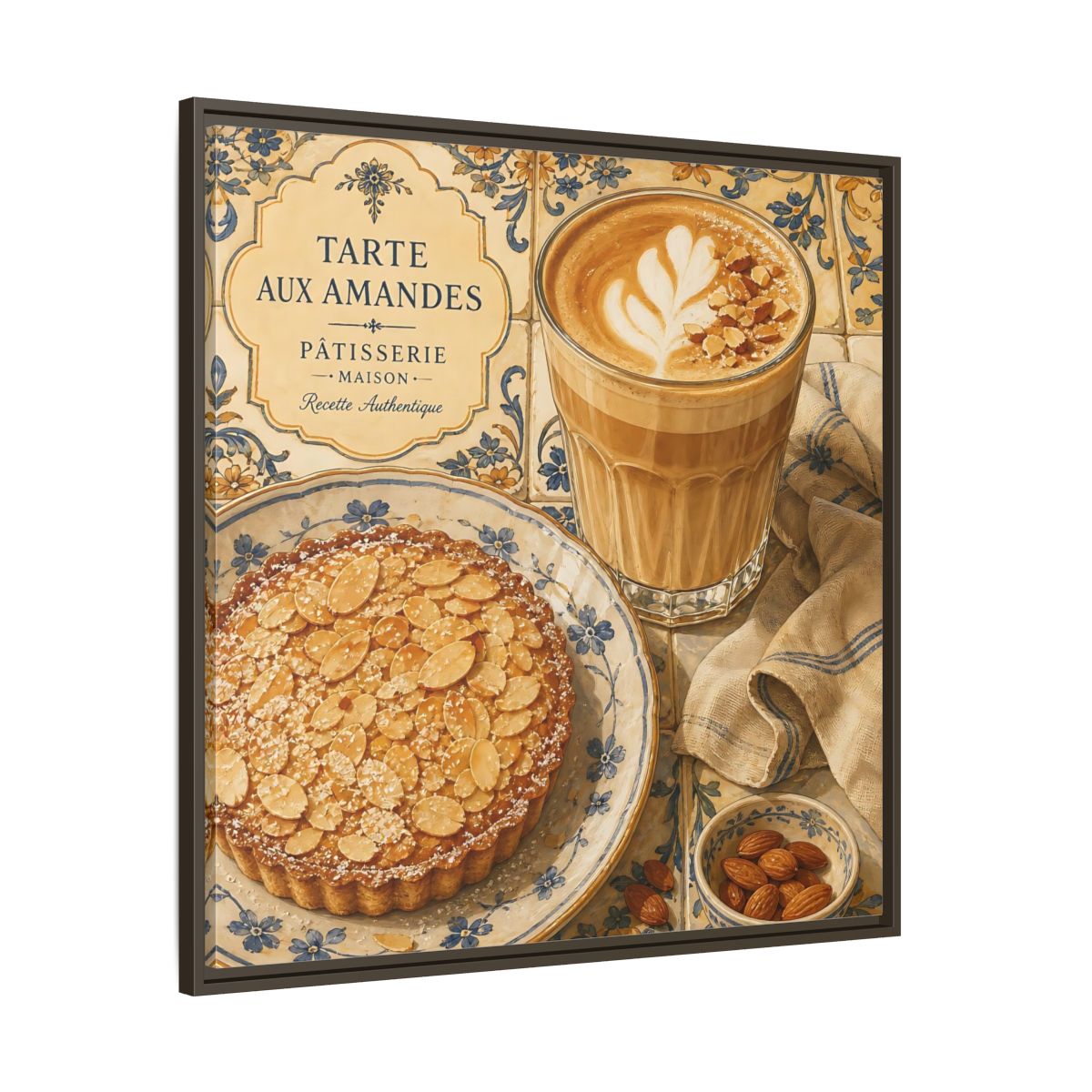 Main Mockup. Vintage Almond Tart Warm Beige Food shown as stretched canvas wall art