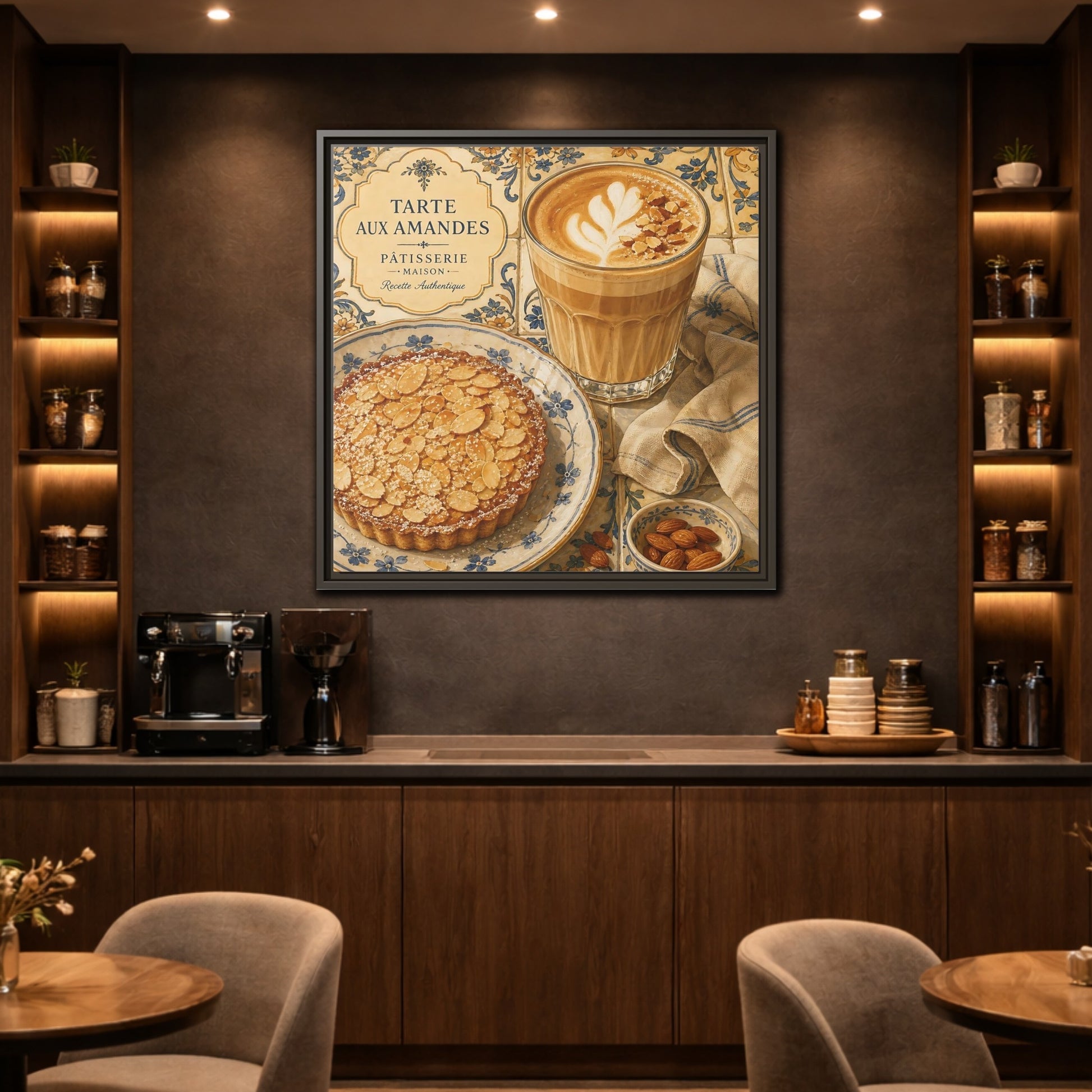 Mockup 2. Vintage Almond Tart Warm Beige Food shown as stretched canvas wall art