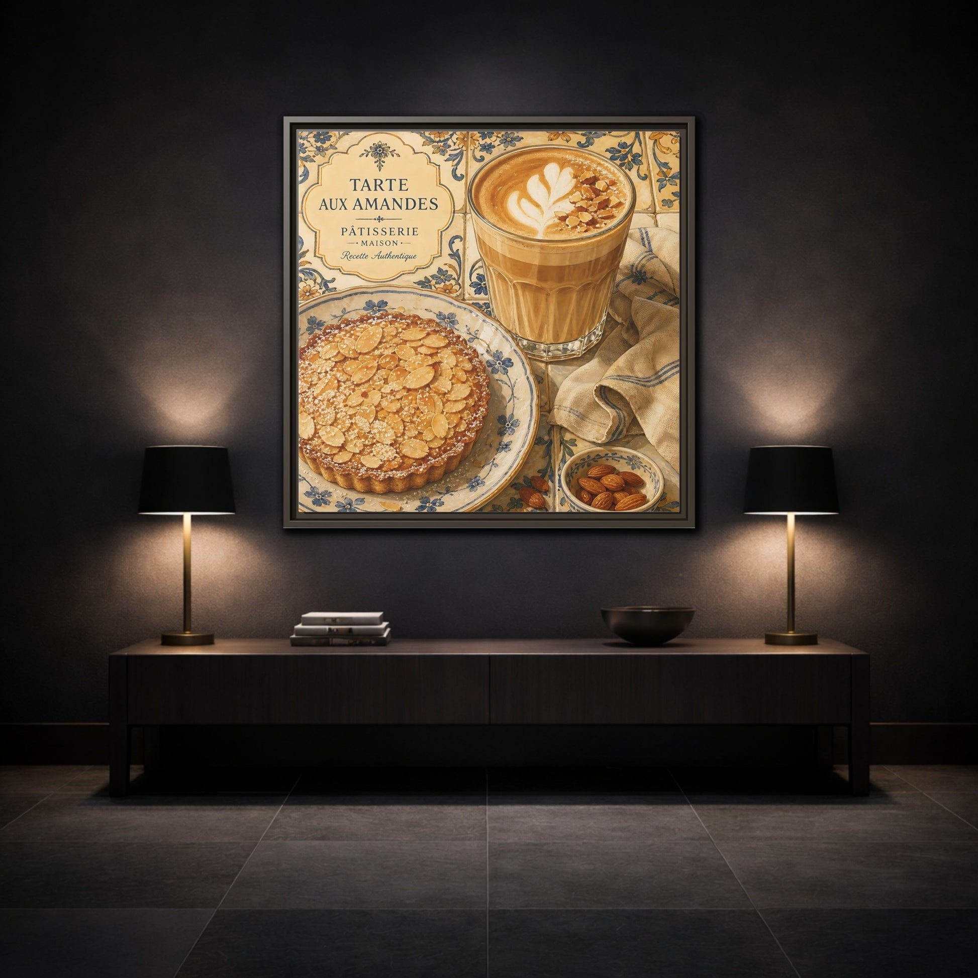Mockup 3. Vintage Almond Tart Warm Beige Food shown as stretched canvas wall art