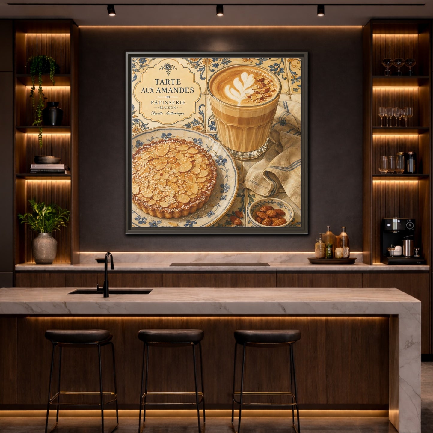 Mockup 4. Vintage Almond Tart Warm Beige Food shown as stretched canvas wall art