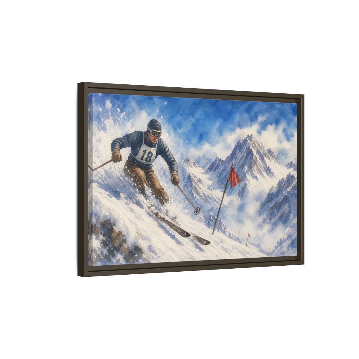 Side Mockup 2. Vintage Alpine Ski Racer shown as framed canvas print