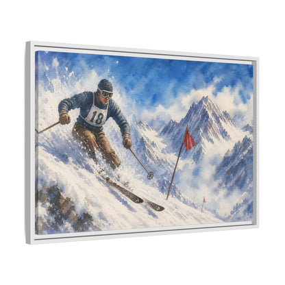 Side Mockup 10. Vintage Alpine Ski Racer shown as framed canvas print