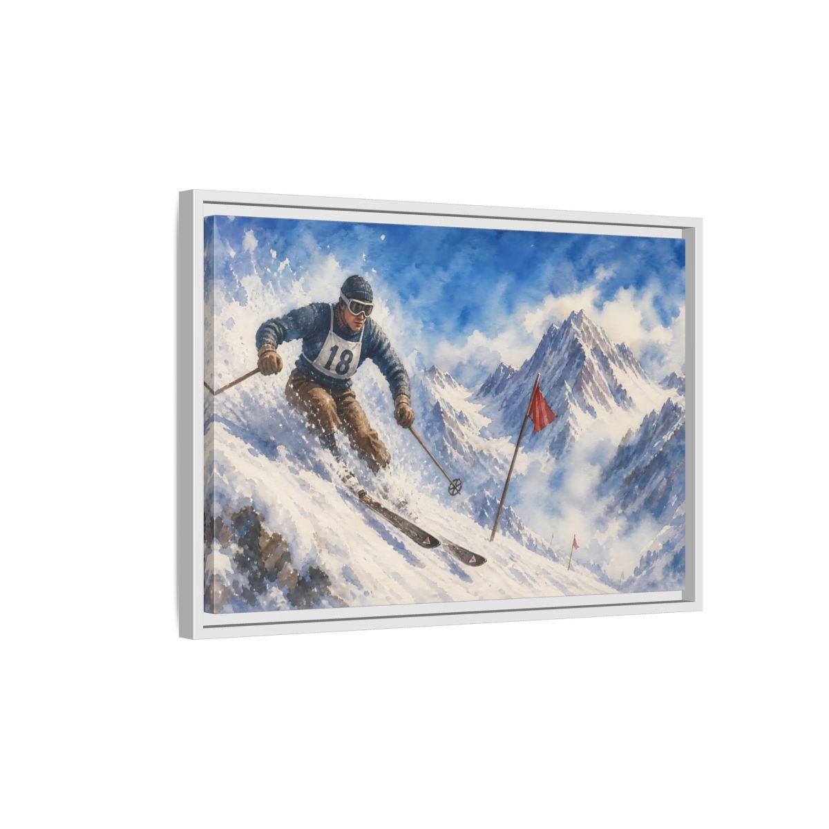 Side Mockup 1. Vintage Alpine Ski Racer shown as framed canvas print