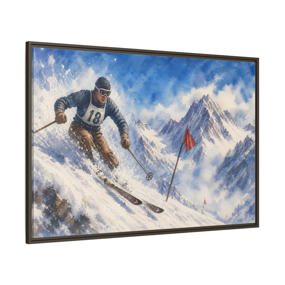 Side Mockup 8. Vintage Alpine Ski Racer shown as framed canvas print