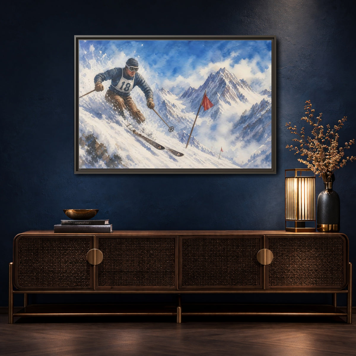 Mockup 4. Vintage Alpine Ski Racer shown as framed canvas print