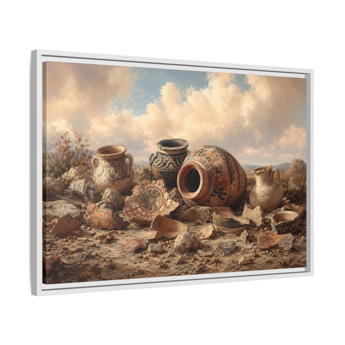 Side Mockup 10. Vintage Ancient Pottery Earthenware Brown shown as stretched canvas wall art